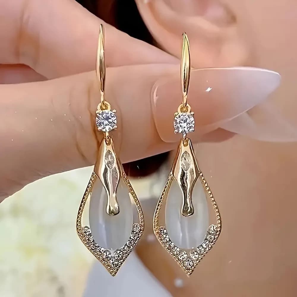 Orecchini pendenti squisiti con pietra occhio di gatto a rombo con geometria di alta classe per le donne, gioielli di moda di lusso, regali di nozze per feste