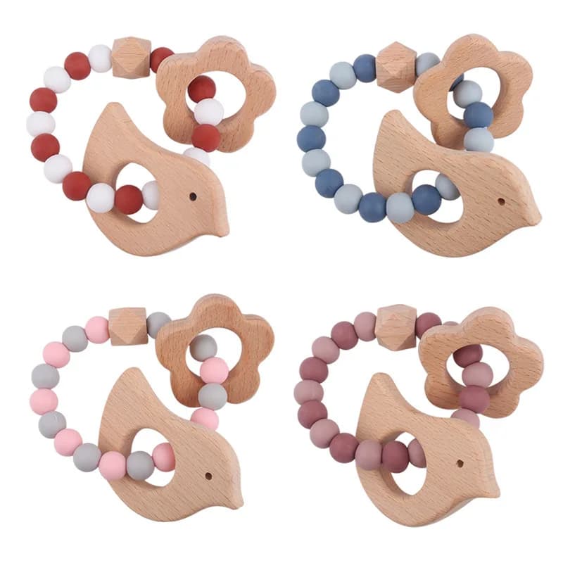 ABCPICK Massaggiagengive in legno per bambini Fiore di uccello Artigianato in legno Anello inciso Perline Massaggiagengive per bambini Giocattoli in legno per sonaglio per bambini