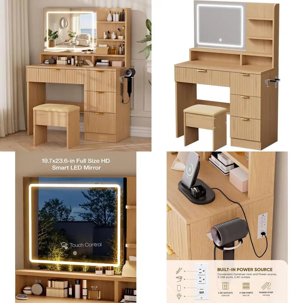 35.4 LED Lighted Wooden Makeup Vanity Set with Cushioned Stool, Charging Station & Hairdryer Holder