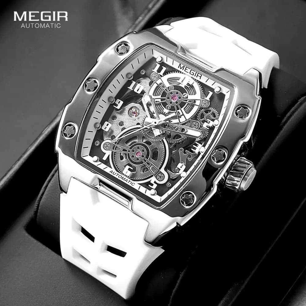 Moda Megir 8602 Top Brand Sport Orologio automatico da uomo Impermeabile cinturino in silicone bianco meccanico con quadrante scavato tonneau