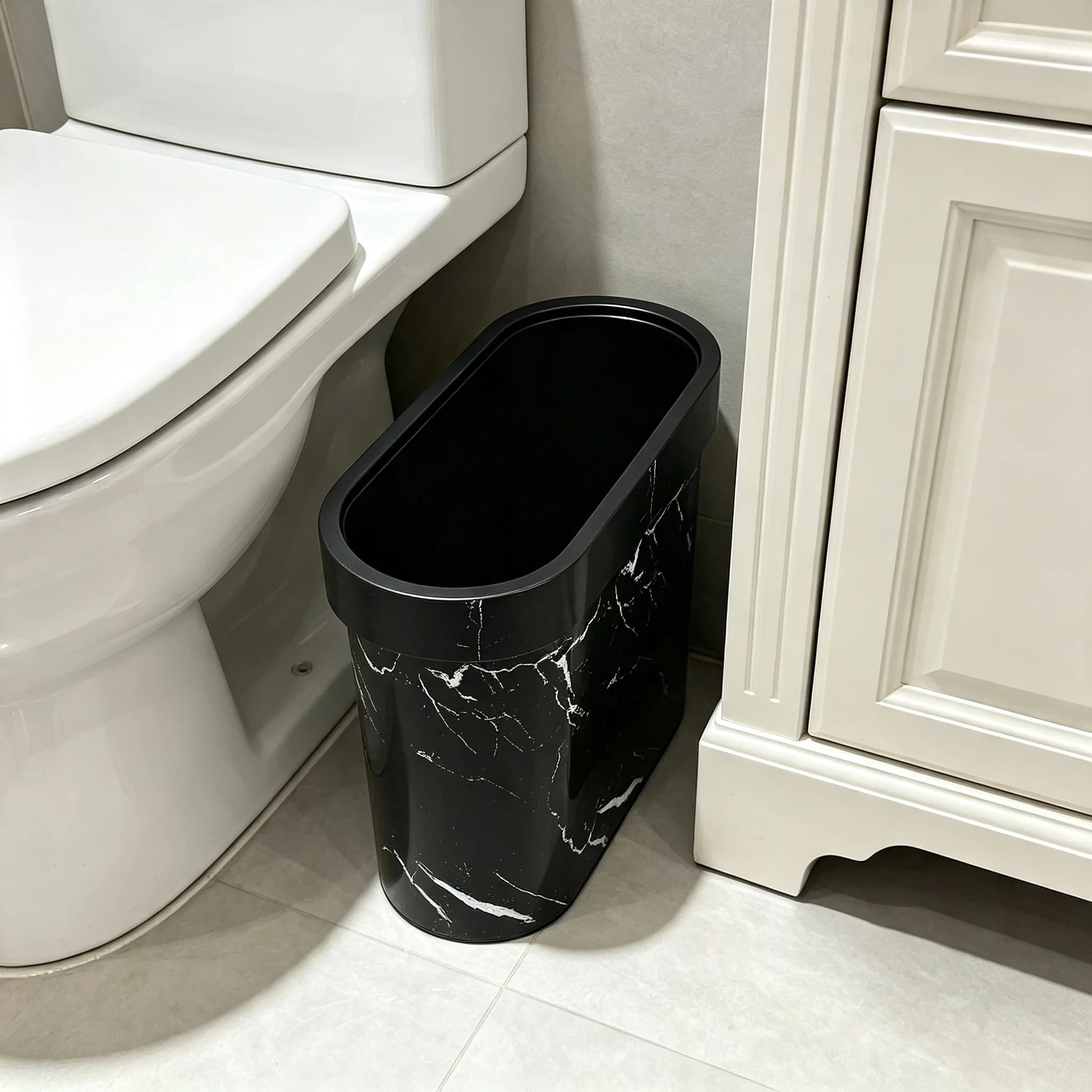 Black Marble‑Look Oval Open‑Top Trash Can,Decorative Waste Bin with Pressure Ring,Plastic Garbage Basket for Bathroom Kitchen Apartment Home Corner
