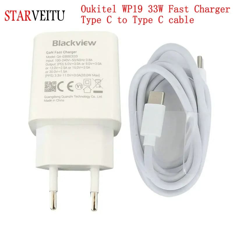 Adattatore di alimentazione per Oukitel WP19, caricabatterie rapido da viaggio, connettore a spina ue, cavo da tipo C a tipo C, 33W