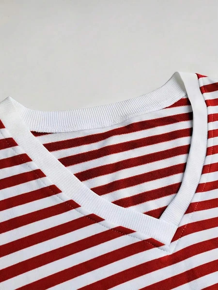 Women Red Striped V-Neck Long Sleeve Sleep Top Knit Pajama Set Spring Summer Comfortable Loungewear