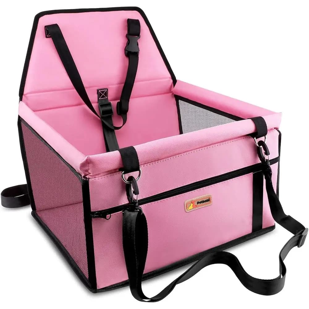Seggiolino Auto Portatile per Cani e Gatti con Cintura di Sicurezza, Borsa Rosa Traspirante con Guinzaglio a Clip per Viaggi