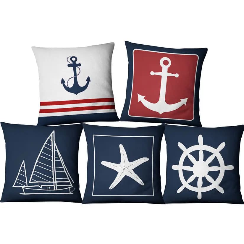 Fodere per cuscini in lino per barche a vela blu Navy in stile americano bussola per timone fodera per cuscino geometrica a righe con ancoraggio cuscini per decorazioni per divani