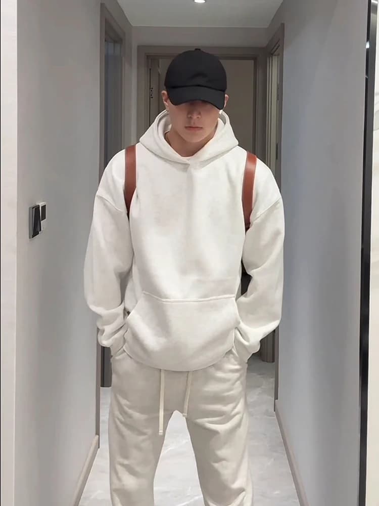 Retro American Fce Lined Hoodie Men's Autumn Winter Heavyweight Sportswear Cleanfit Base Layer White Sweatirt