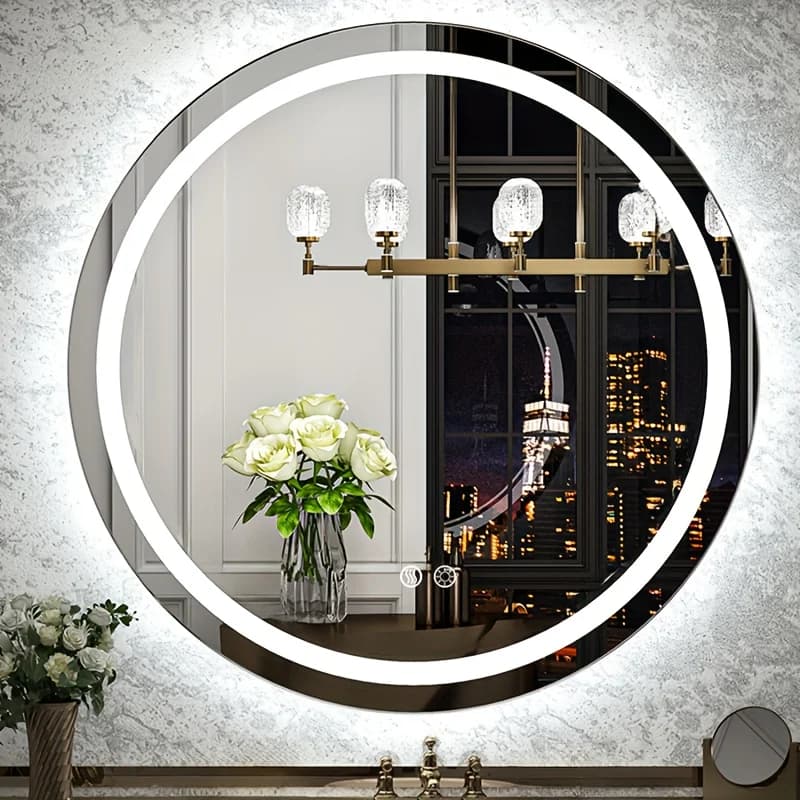 Specchio da Bagno LED Circolare Intelligente con Luci, Antiappannamento, Dimmerabile, Specchio per Doccia ad Alta Definizione, Specchio per Trucco, Specchio da Parete, Funzione Memoria, Vetro Temperato, Infrangibile, Spina Standard USA, Dimensione 20 Pollici, Stile Moderno per Arredamento Camera