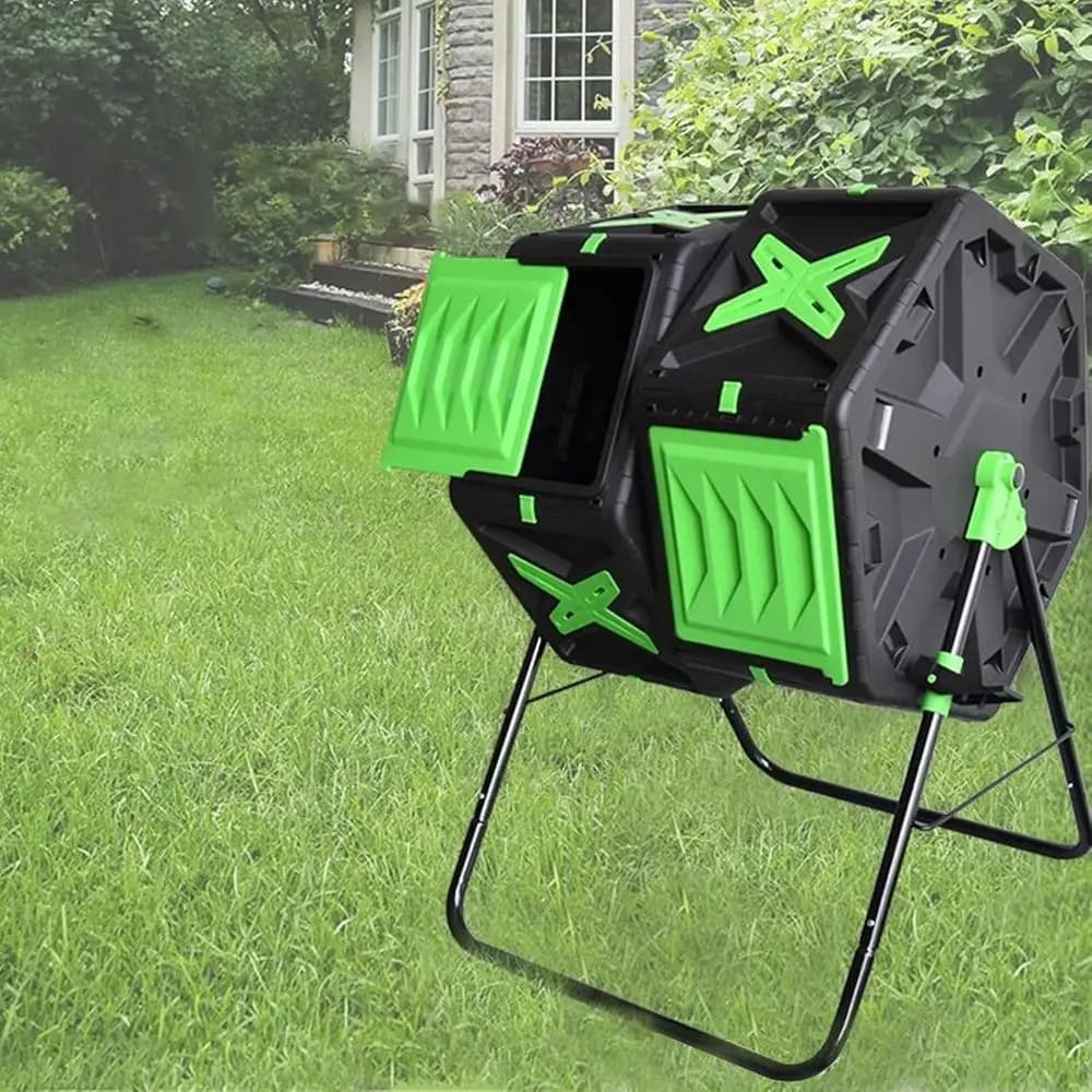 Bicchiere per compost da esterno, contenitore per compost da esterno facile da montare ed efficiente, raccoglitore di foglie, compositore rotante a doppia camera di grandi dimensioni per