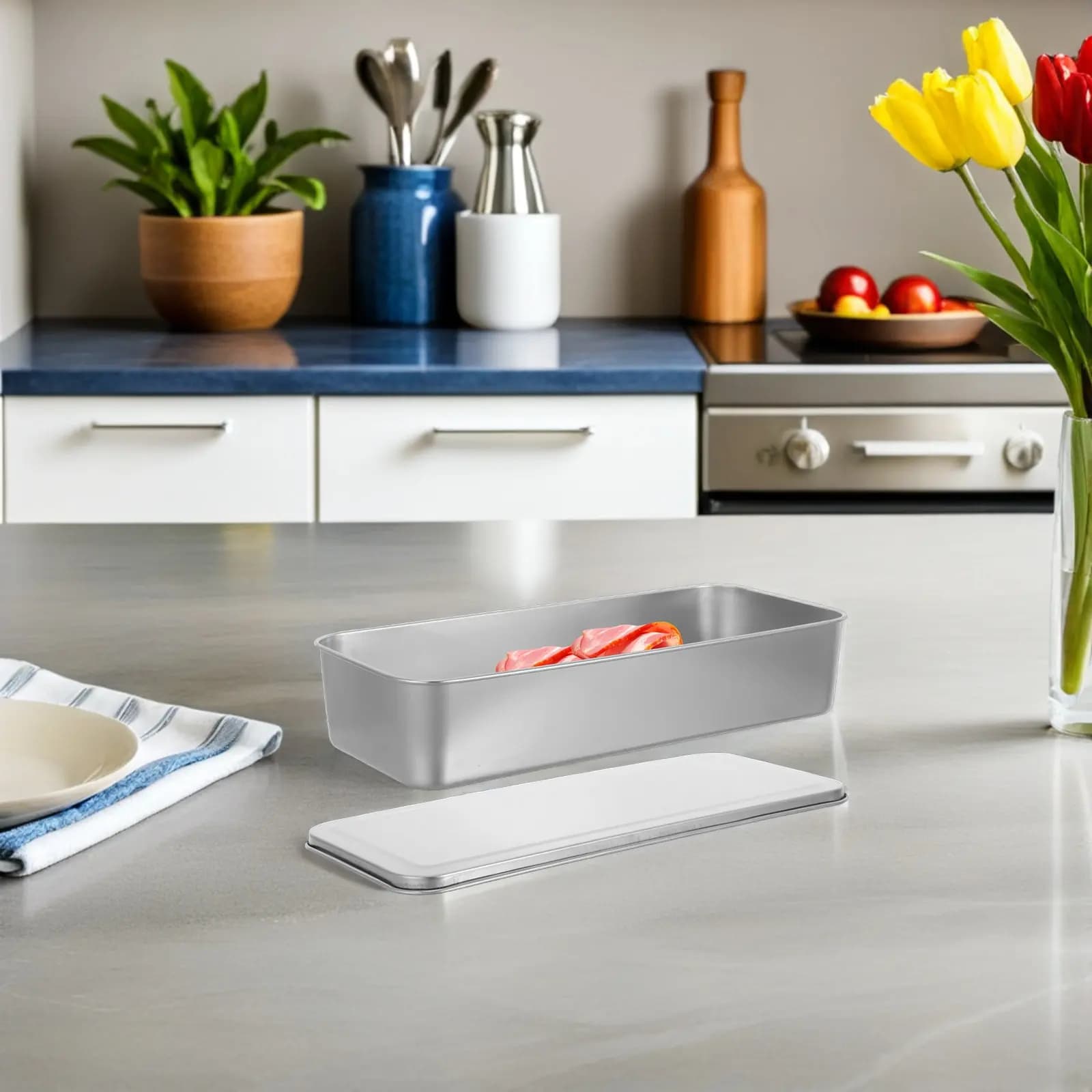 Contenitori per Alimenti in Acciaio Inox Impilabili con Chiusura Ermetica Lavabili in Lavastoviglie per Preparazione Pasti Carne Formaggio Bacon Congelatore 13x5.9x2.6