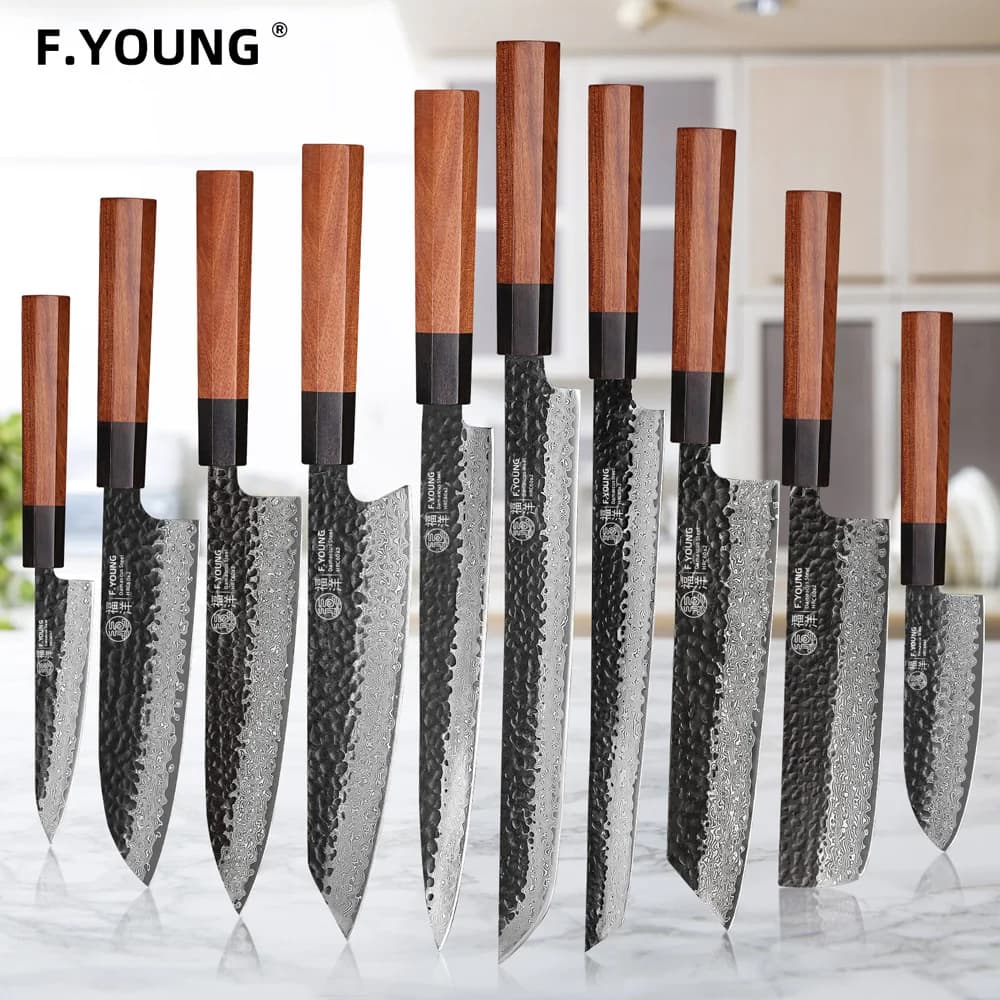 F.YOUNG Coltello da cuoco giapponese forgiato a mano Coltelli da cucina in acciaio di Damasco Affettare carne di verdure Sashimi Utensili da cucina utili