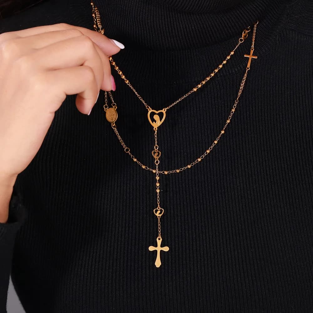 Sweater Chain Long Necklaces For Women Cross Pendant Stainless Steel Balls Chain Women Choker Necklaces Charm Handmade Jewelry