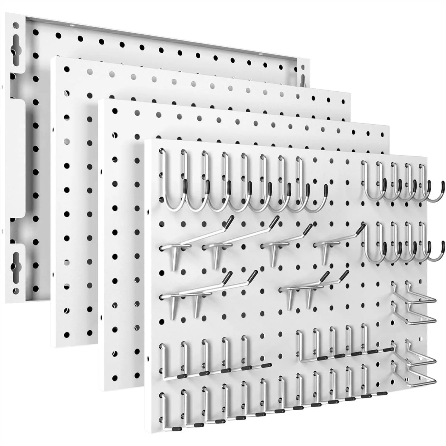 Pannelli in Metallo Forato (Pegboard) - Confezione da 4 con 50 Ganci, Organizzatore da Parete Bianco per Garage, Ufficio, Laboratorio Artigianale