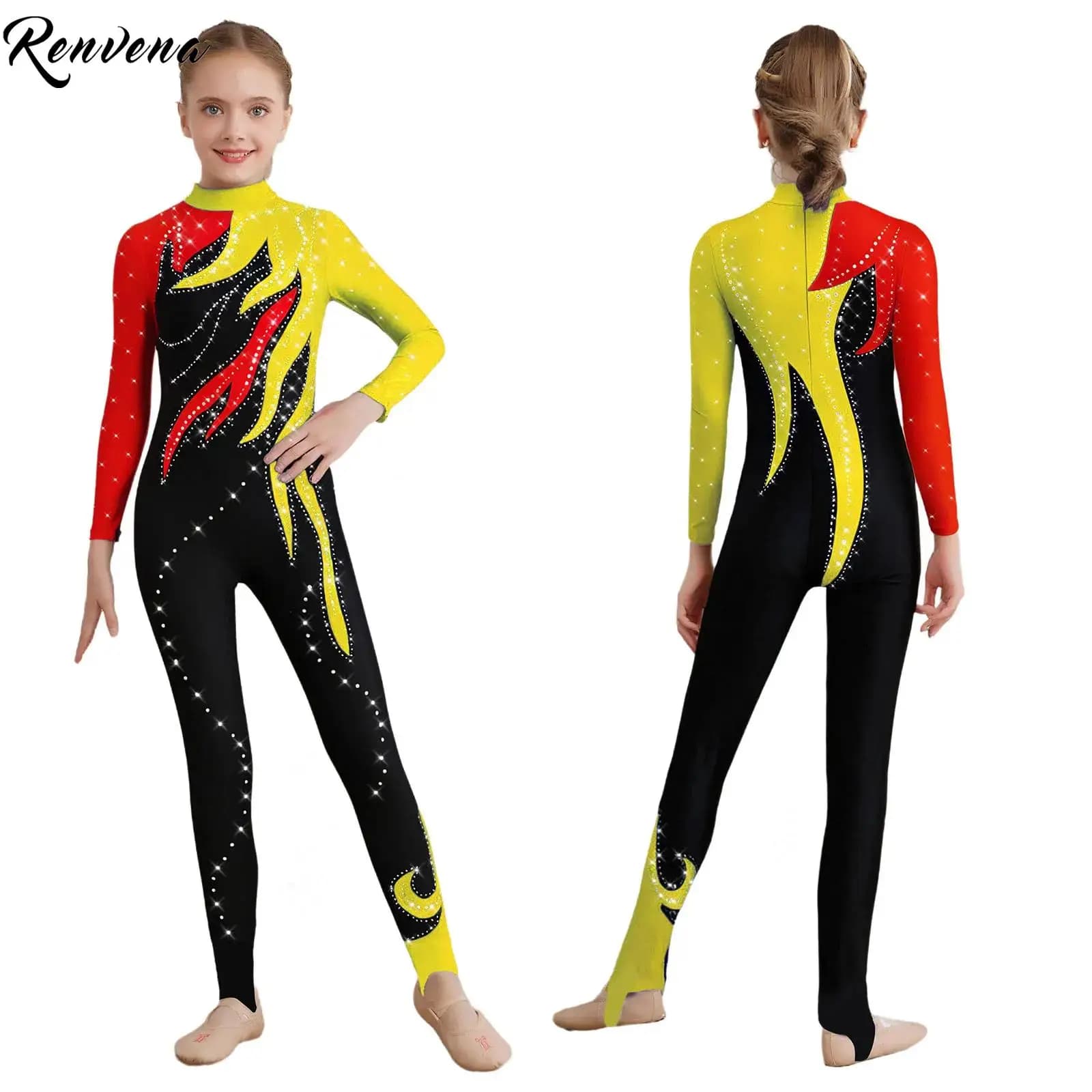 Tuta da ginnastica per balletto a blocchi di colore per bambina, tuta lucida, pagliaccetto per pattinaggio artistico, competizione di danza lirica, abbigliamento da ballo
