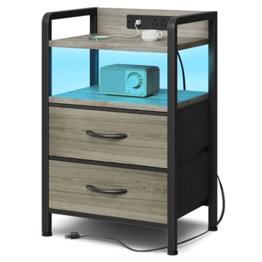 Comodino con Caricatore Integrato e Striscia LED - Tavolino Moderno con Porte USB e Illuminazione per Camera da Letto