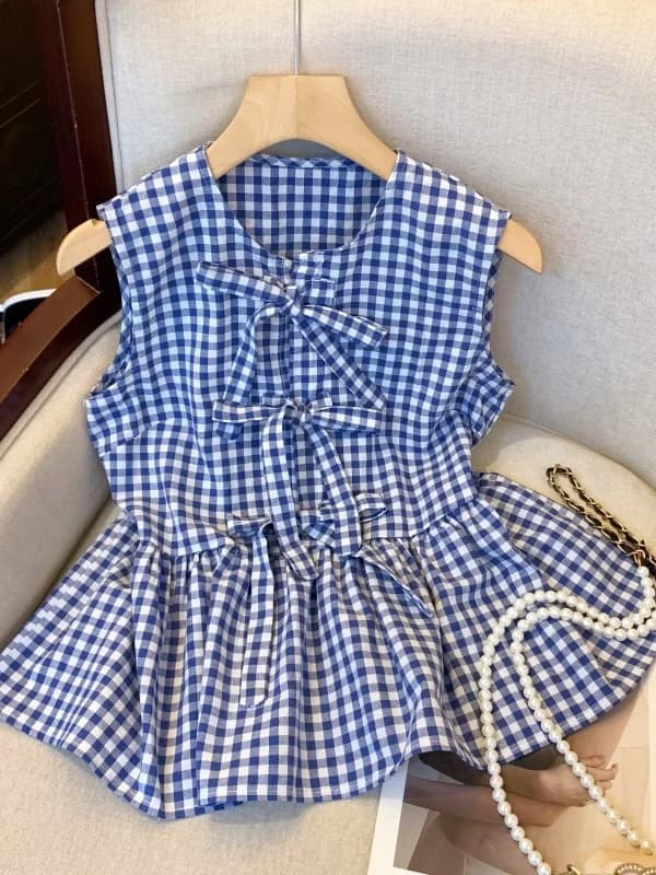 Summer 2026 New Style Women's Shirt Knot Plaid Sleeveless Tea Fragrance Skirt Hem Top French Style Cotton Unisex