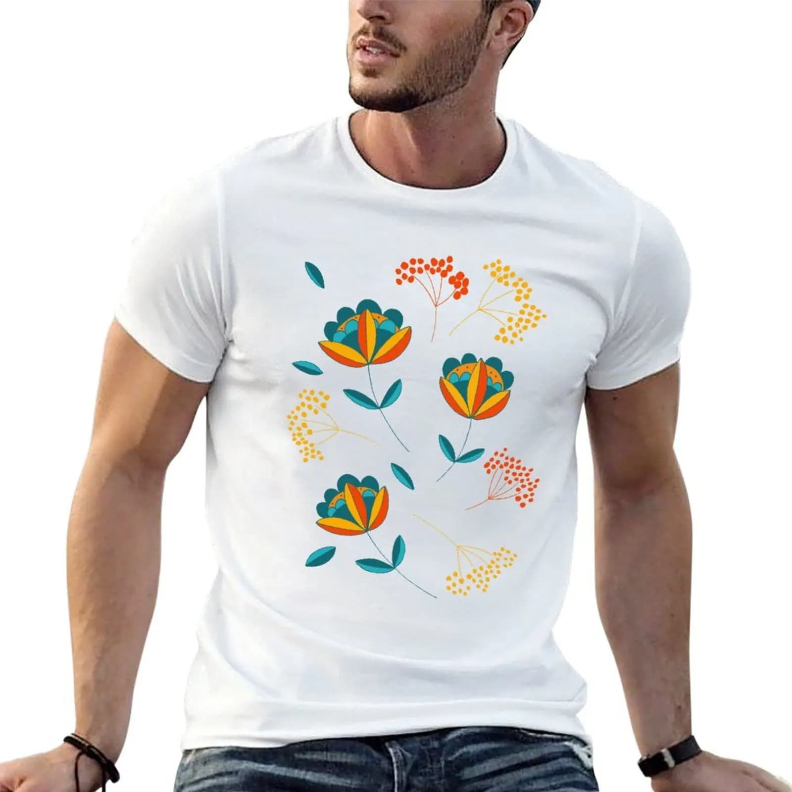 T-shirt con auguri floreali dalla Scandinavia, t-shirt da uomo, t-shirt casual da uomo, t-shirt con stampa personalizzata