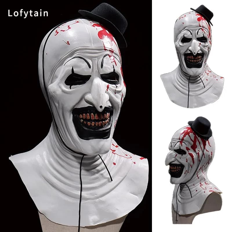 Lofytain Horror Terrifier Art Il Clown Maschera Cosplay Creepy Sanguinante Demone Malvagio Joker Cappello Casco In Lattice Puntelli Del Partito di Halloween