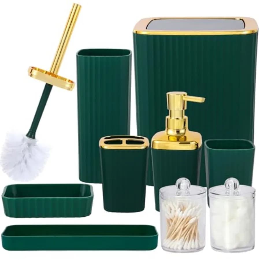 Set di 9 Accessori per la Stanza Verde Scuro: Pattumiera, Porta Spazzolino, Dispenser Sapone, Bicchiere Porta Spazzolino, Vassoio da Toilette, Porta Sapone