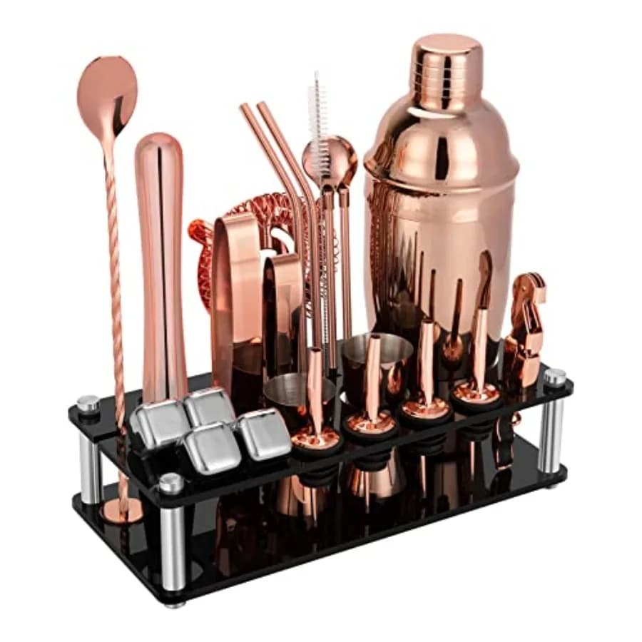 Set da 23 Pezzi per Cocktail con Supporto in Acrilico e Libretto di Ricette, Kit Professionale per Barman e Miscelazione Bevande