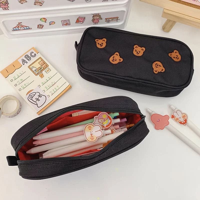 Cute Embroidered Bear Pen Bag Multi functional storage bag Large capacity stationery storage bag Student pencil case
