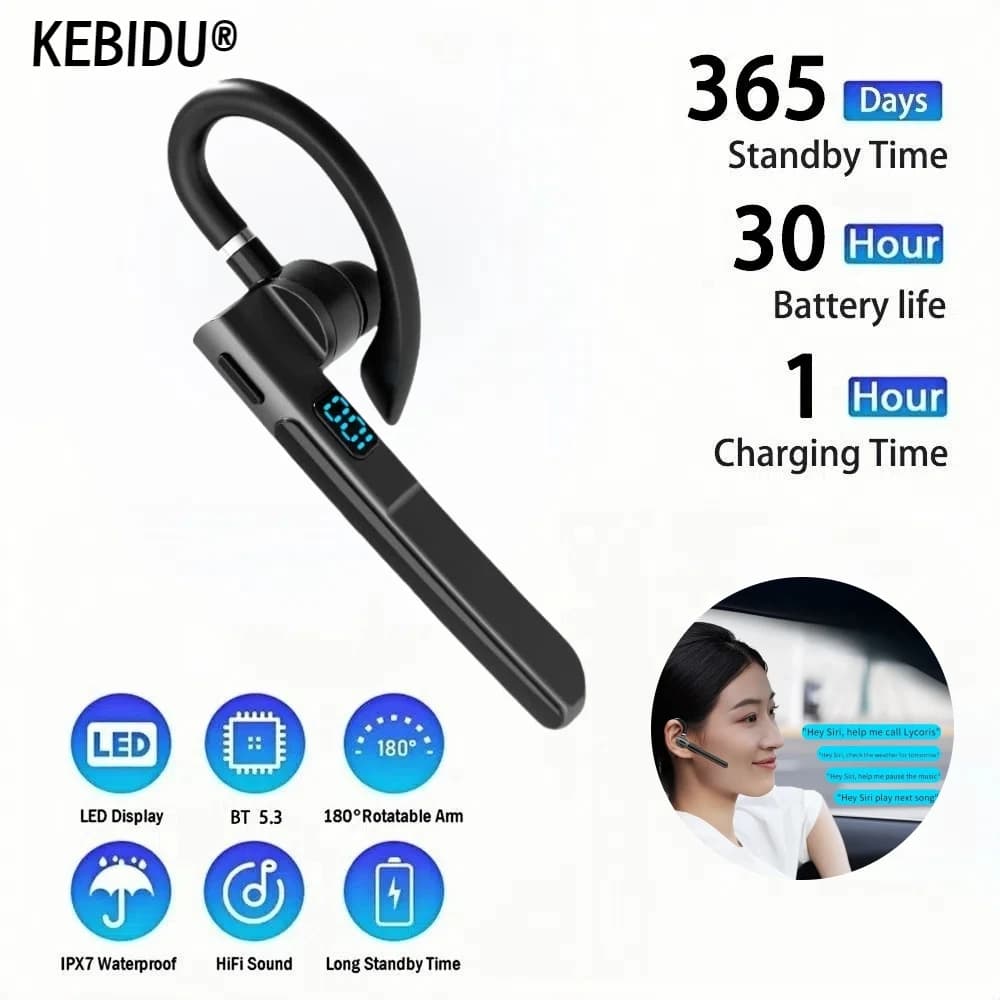 Auricolare singolo wireless Bluetooth 5.3 con microfono HD Auricolare stereo Chiamata in vivavoce Cuffie aziendali per viaggi di guida sportiva