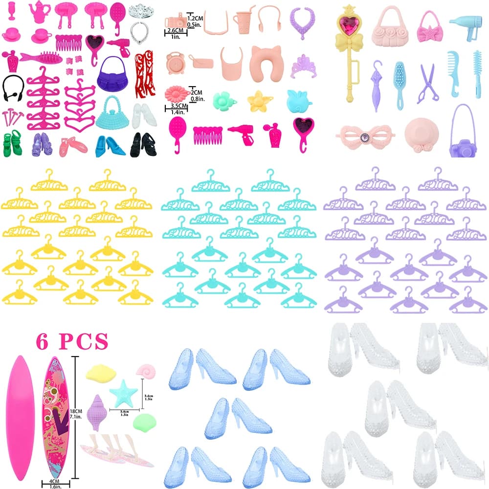 Accessori per bambole da 11,5'' all'ingrosso: scarpe di cristallo da favola, appendiabiti, stivali sportivi da 30 cm, borsa, forcine, tavola da surf, giocattolo, regalo