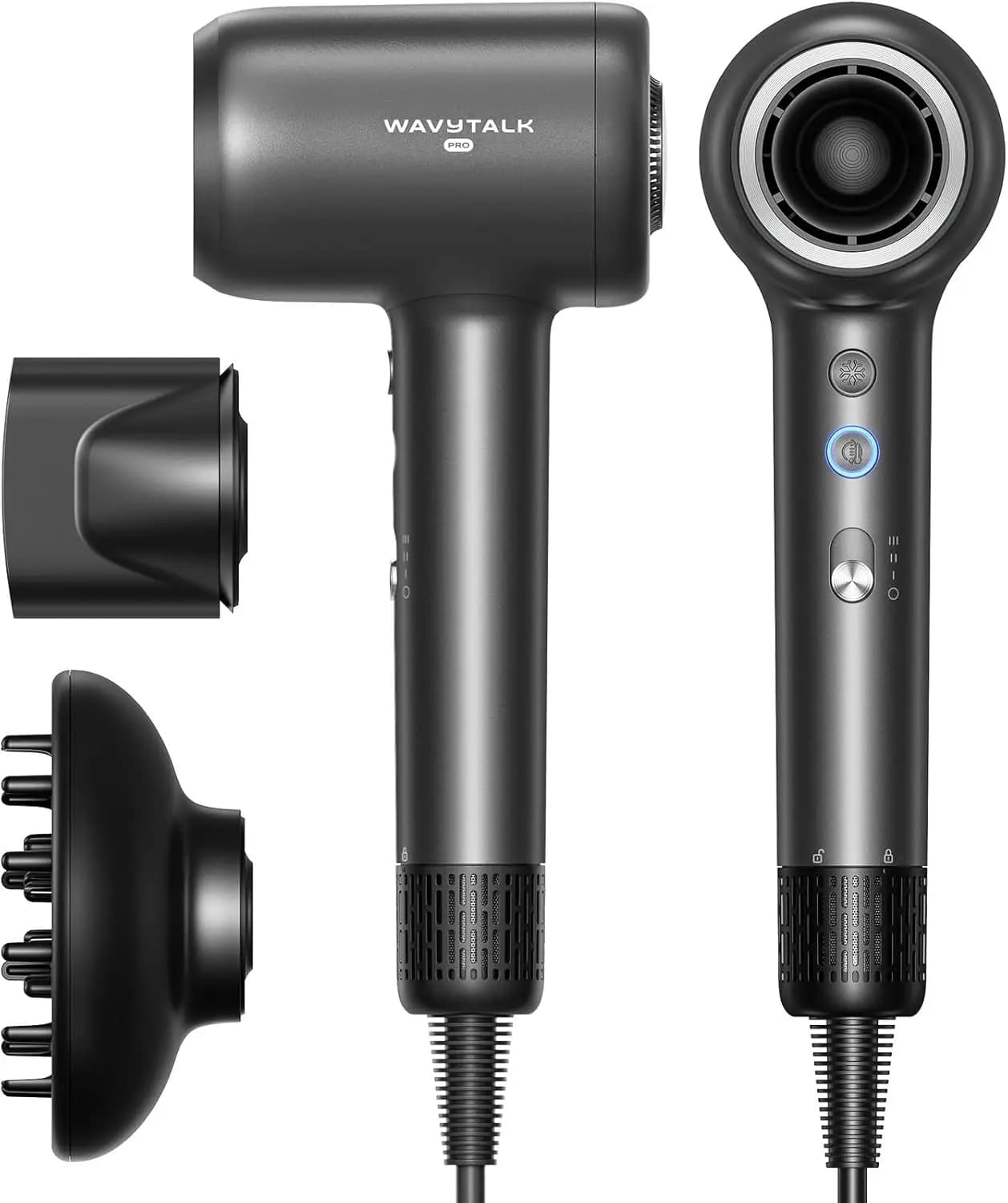 Fast Drying Hair dryer with Diffuser, 110,000 RPM High Speed, Negative Ions to Reduce the Crespo Effect, 3 Speed and Temperatures, Opaque Grey
