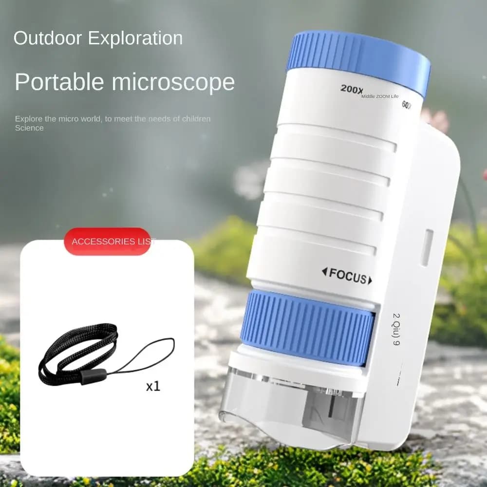 Microscopio Tascabile con Ingrandimento 60-200x, Luce LED, Alimentato a Batteria, Design Portatile, Ottica HD