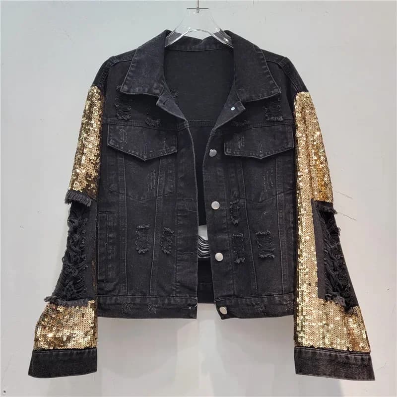 Spring New Fashion Sequin Long Sleeve Patchwork Hole Denim Jacket Women Blue Black Casual Loose Female Jeans Jacket Streetwear