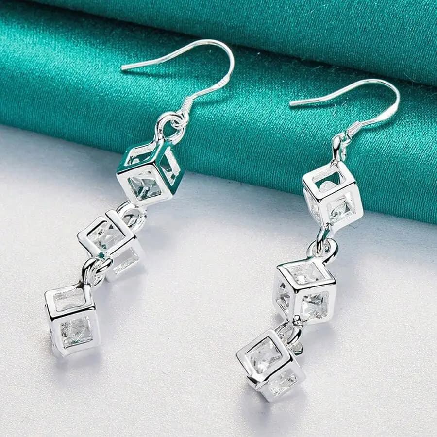925 Sterling Silver Plated Earrings Fashion Jewelry Elegant Woman Crystal Lattice Drop Long Earrings Fashion Leader Christmas Gi