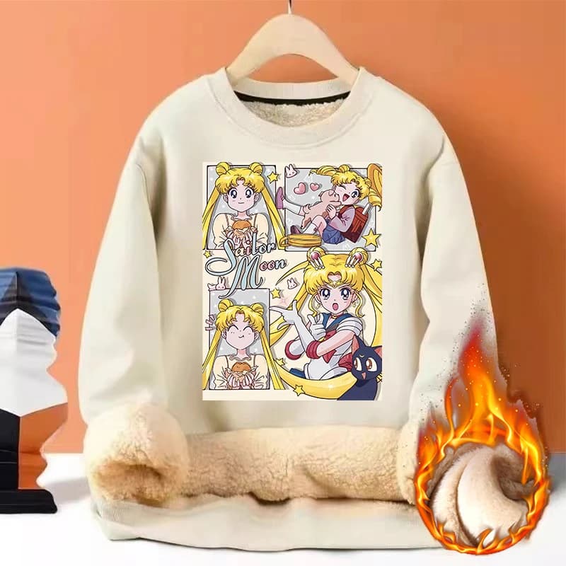 Sailor Moon Women's Sweatshirt in Lana d'Agnello with Round Neck and Hood, Long Sleeves, Warm Winter Sport Fashion with Cartoon Patterns