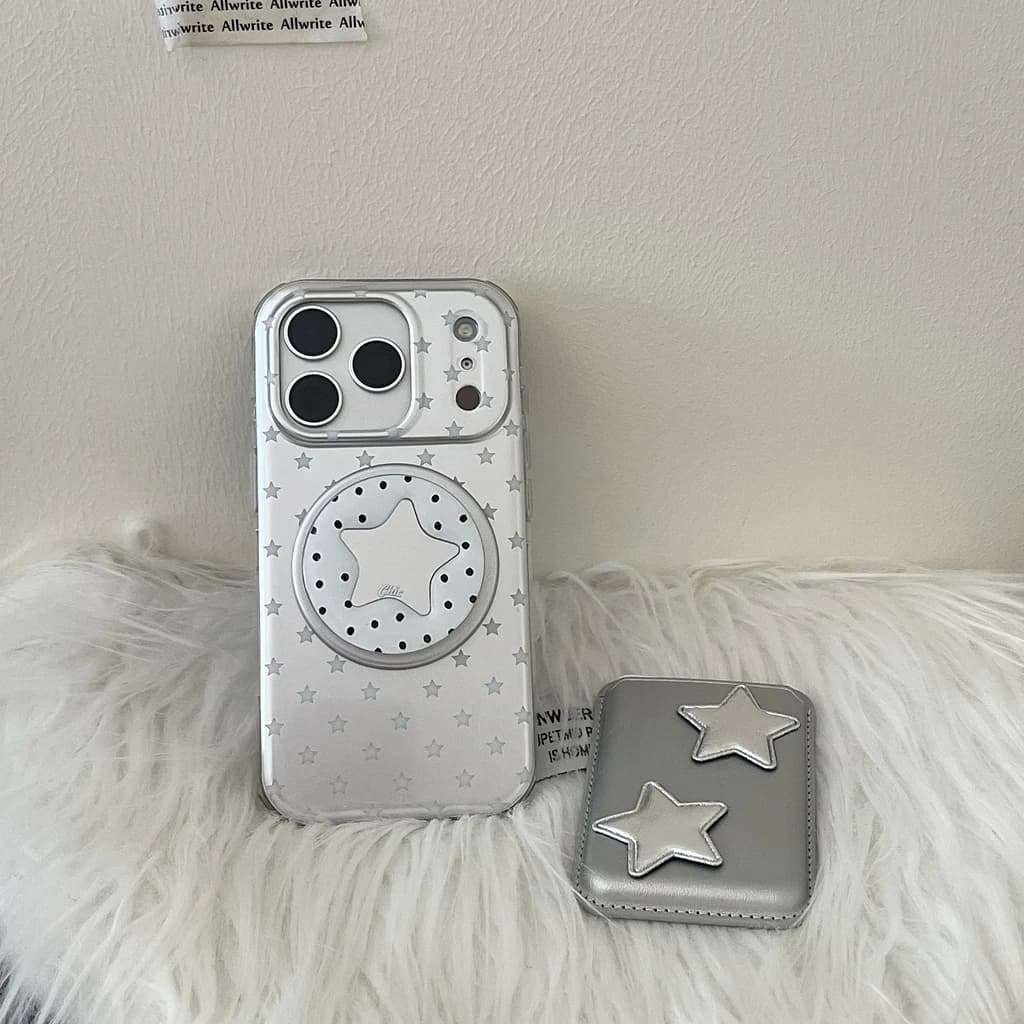 Elegante Cover Magnetica Premium Argento con Specchio a Cuore e Stelle e Porta Carte per iPhone 17 16 15 14 Pro Max