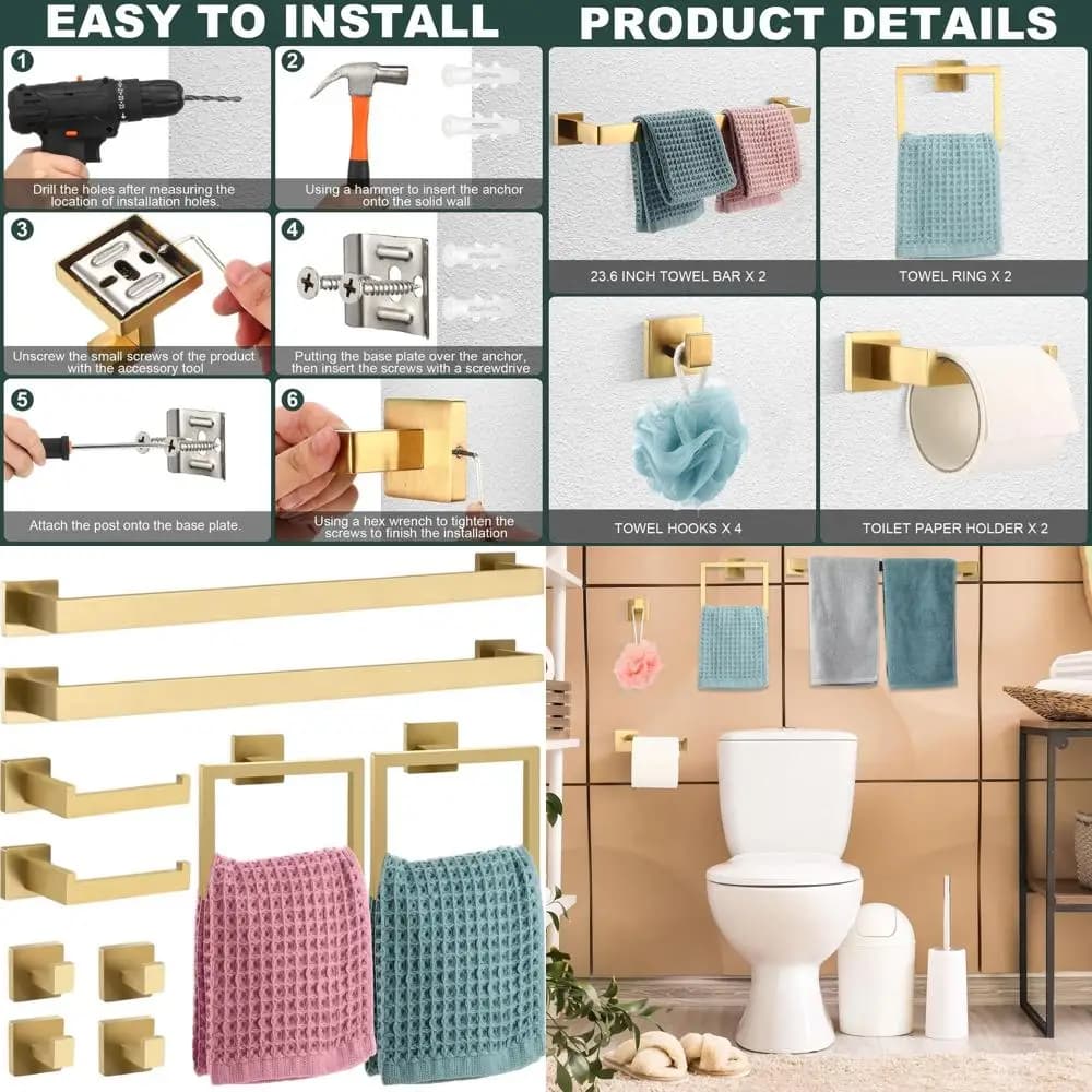 23.6 Set di accessori per il bagno a parete in acciaio inossidabile con portasciugamani, anelli, ganci e portarotolo in oro