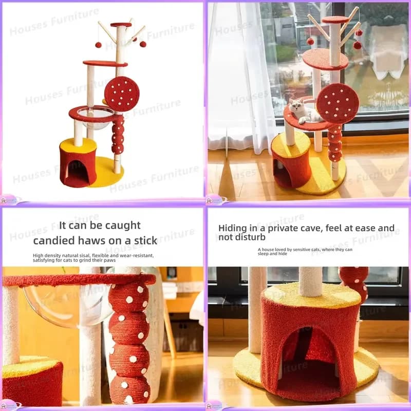 Large Modern Cat Tree Climbing Frame with Nest Hammock Scratching Posts Jumping Platforms Natural Hemp Rope Wooden Base for