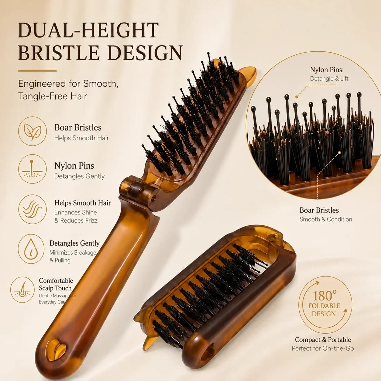 Boar Bristle Hair Brush, Foldable Retractable Travel Comb, Portable Styling Brush for Volumized Hair and Makeup