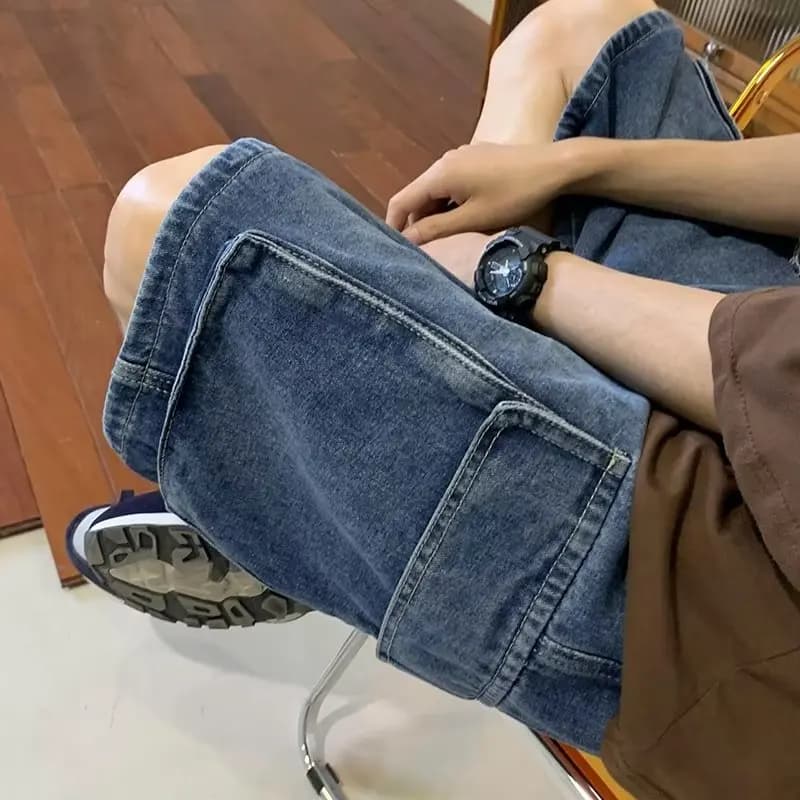 Casual Men's Denim Shorts Summer New American Retro Fashion Loose Fit Five-Quarter Workwear Style mid Waist Loose Leggings