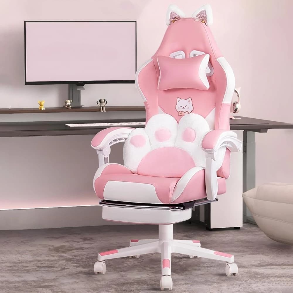 Sedia da Gaming Rosa Carina con Orecchie e Zampe di Gatto, Cuscino Lombare, Sedia Ergonomica da Computer per Ragazze con Poggiapiedi, Personalizzabile