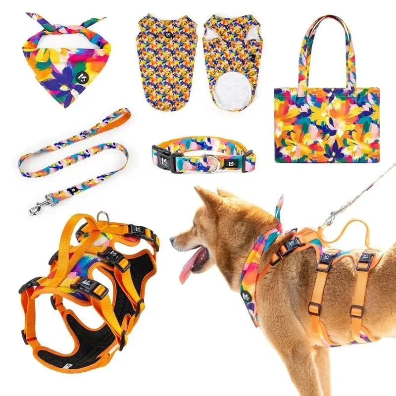 Fashion Padded Polyester Dog Harness Set Leash Collar Bandana Buckle Closure Ribbons Print Pattern Hand Wash Wholesale Pet
