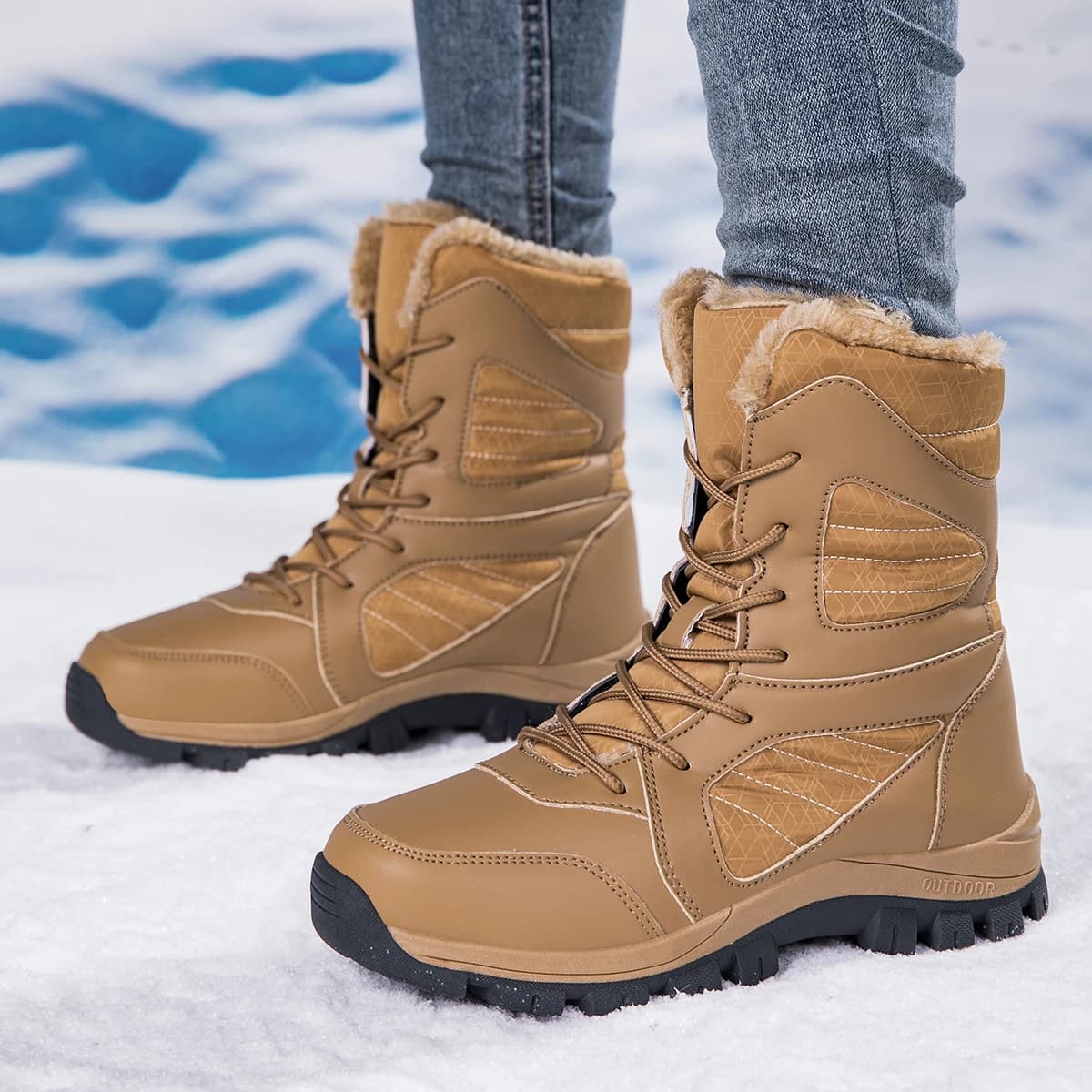 Winter Couple Snow Boots Women's White Red Anti Slip Warm Ankle Boots Men's Black Plush Combat Outdoor Hiking Motorcycle Boots