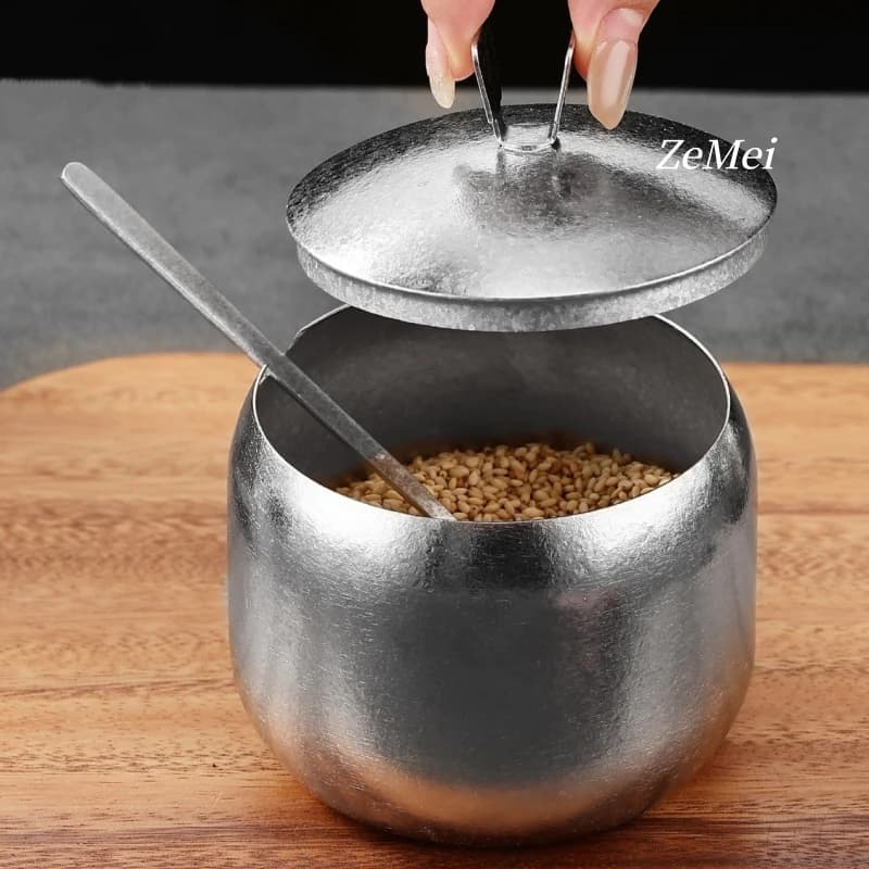 Silver Pure Titanium Seasoning Jar, With lid and Spoon,Kitchen Tools Spice Container Salt Organizer,Coffee Beans Storage Jar