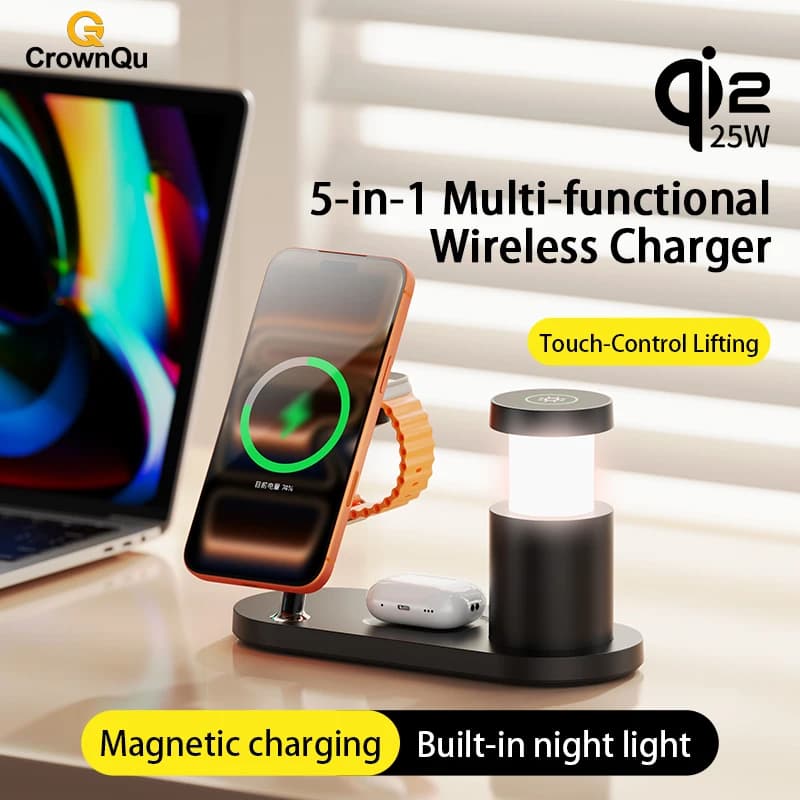 5-in-1 Magnetic Qi2 25W Wireless Multifunction Charger with Quick Charging and Night Light for iPhone 17 16, Apple Watch and AirPods