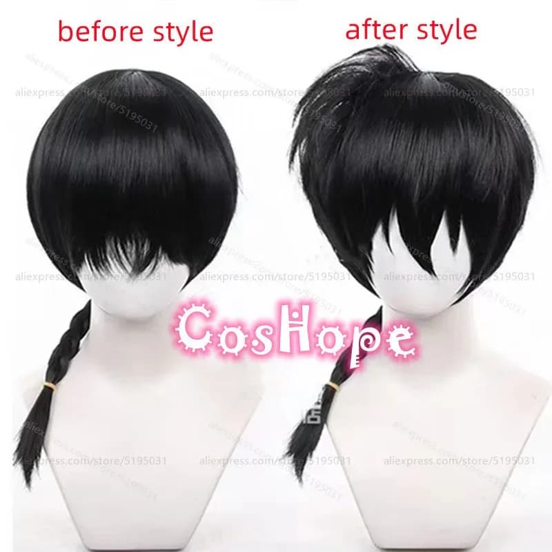 Ranma1⁄2 Ranma 50cm Medium Long Pre Braided Hair Black Wig Anime Cosplay Heat Resistant Synthetic Wigs