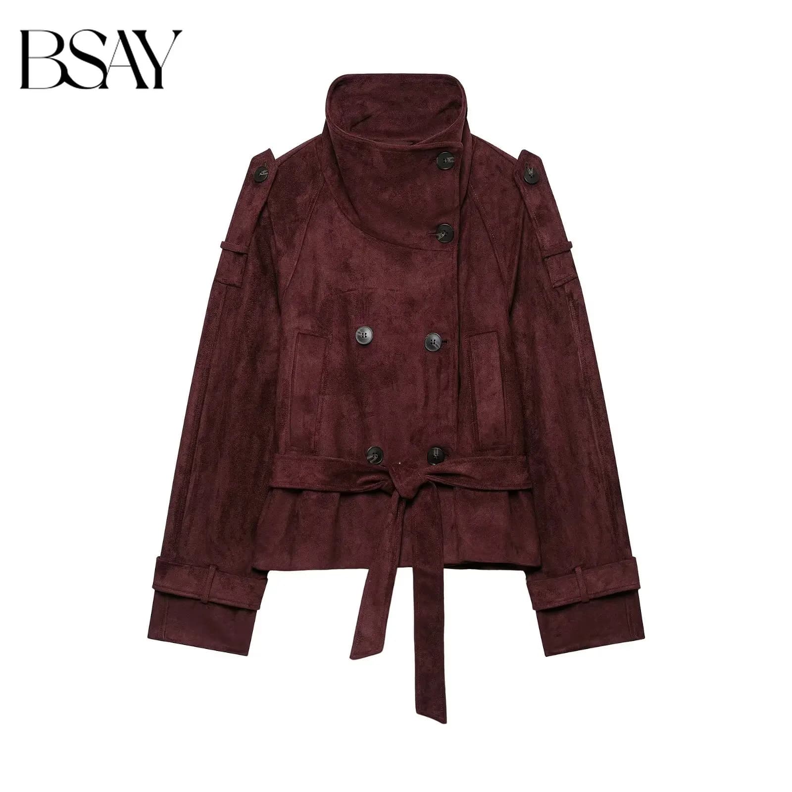 BSAY 2026 Commuter Style Faux Suede Women Jacket Burgundy Stand Collar Double Breasted With Belt Long Sleeve Cropped Outerwear