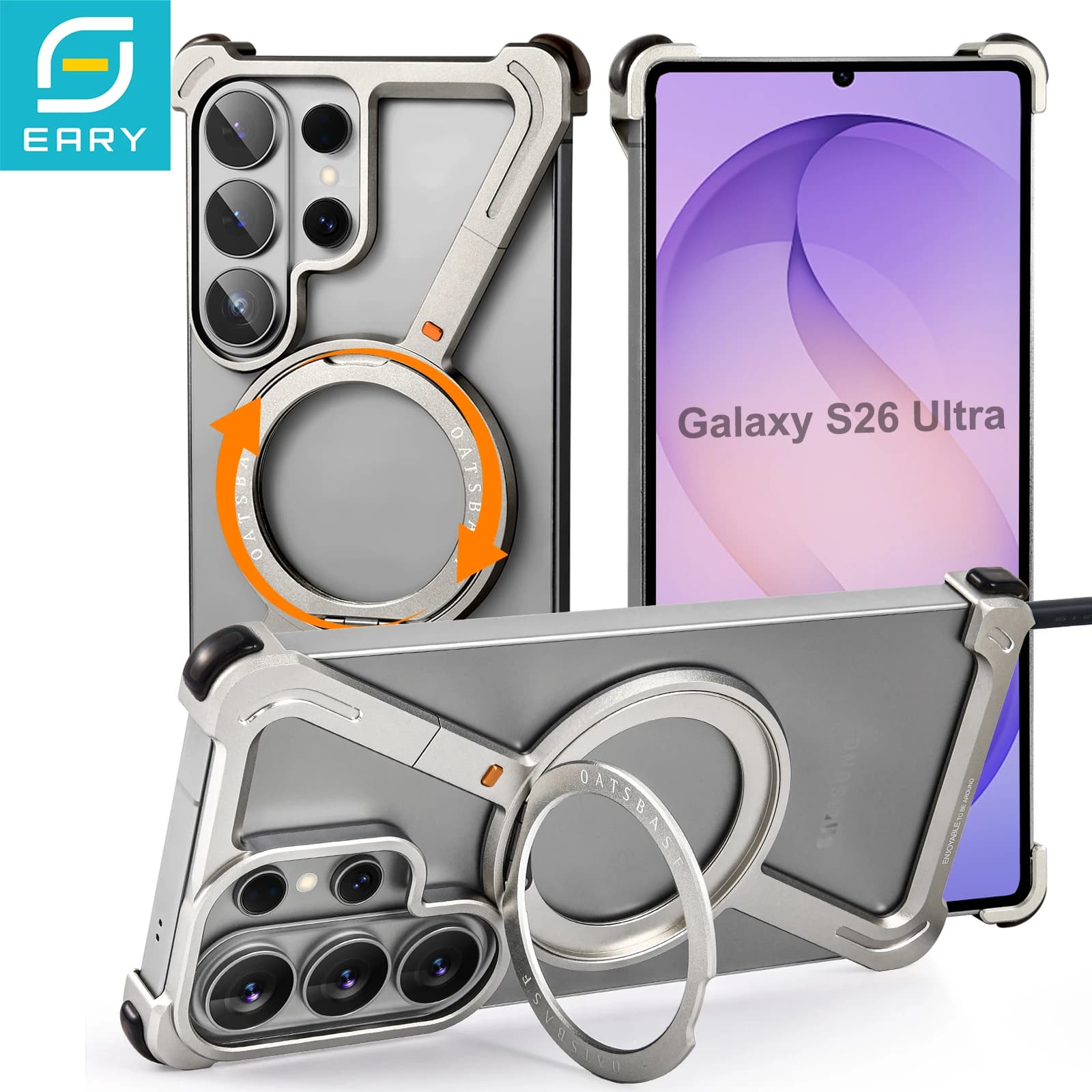 Custodia per Samsung Galaxy S26 Ultra senza cornice in metallo con supporto magnetico a 360° ° Cover Protettiva Antiurto Rotante
