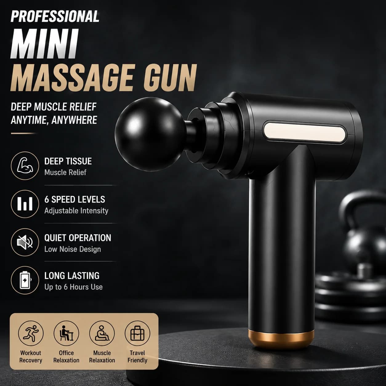 Professional Mini Massage Gun Portable Electric Muscle Recovery Massager Deep Tissue Percussion Therapy Device with 4 Heads