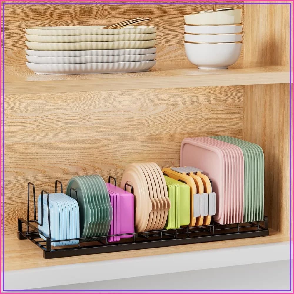 Expandable Food Container Lid Organizer With 9 Adjustable Dividers, Sturdy Metal Rack For Kitchen Cabinets, Drawers, Pantry Shelves, Countertops, 8.15" Wide