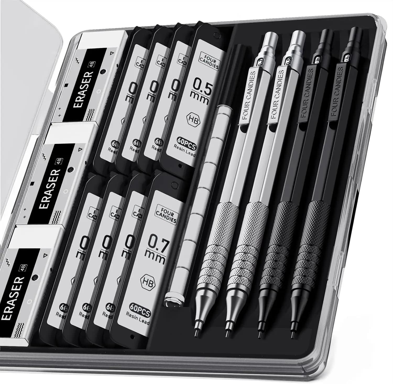 Set di 4 matite meccaniche in metallo con custodia, matite per artisti da 0,5 mm e 0,7 mm, 480 ricariche di mina HB, gomme per scrivere e disegnare
