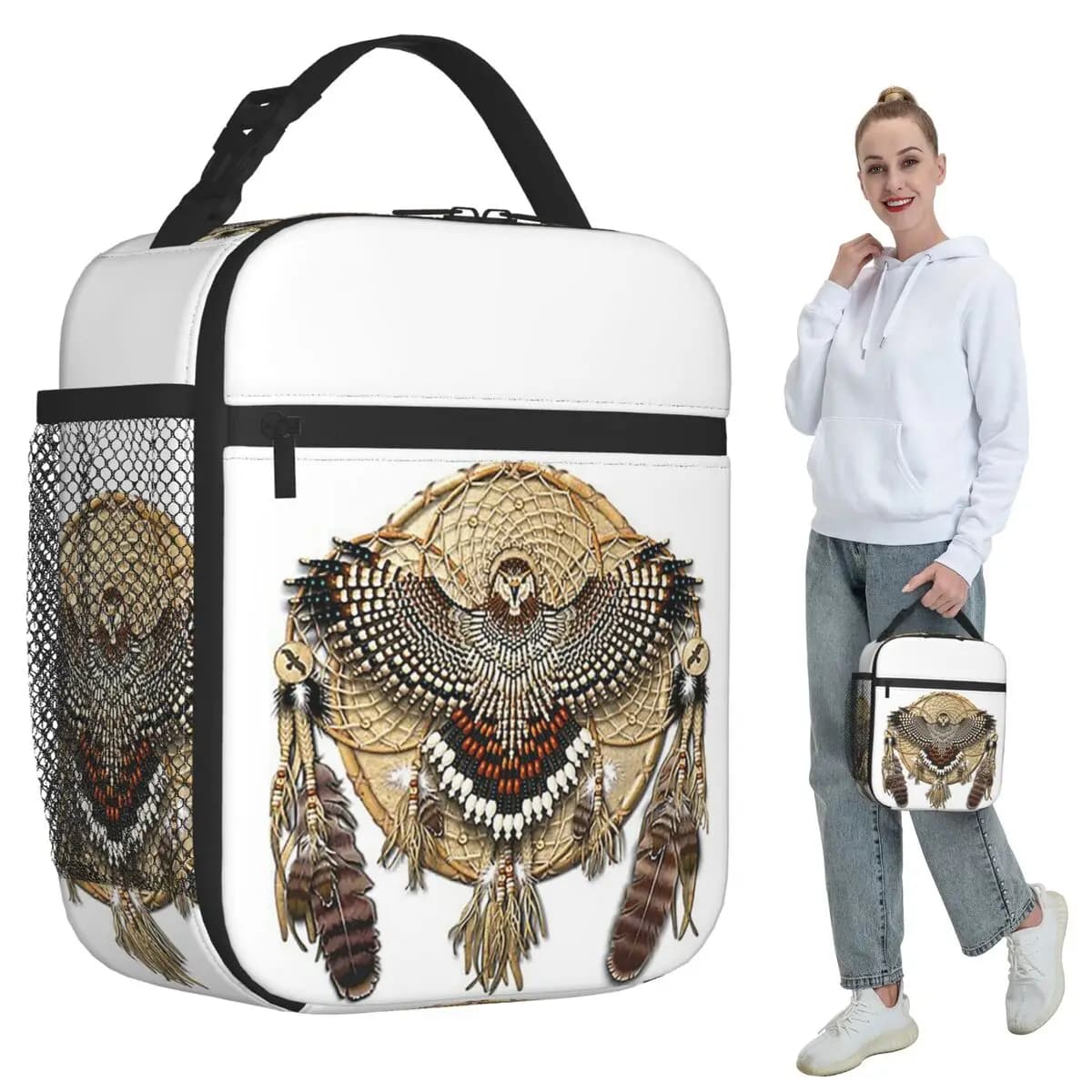 Red-Tail Hawk Dreamcatcher Mandala Insulated Lunch Bag for Kids School Cooler Thermal Food Box Tote Lunch Boxes Container