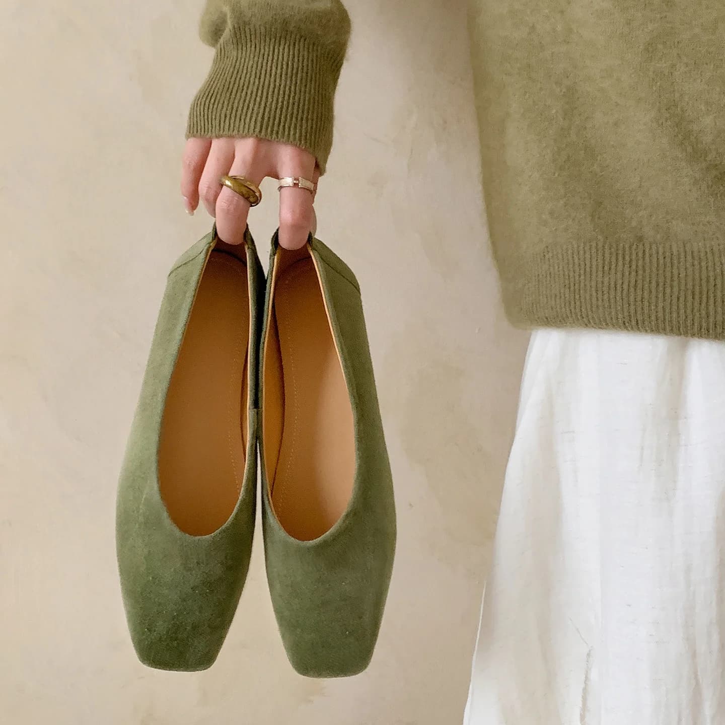 Ballerine Artigianali in Pelle Scamosciata di Agnello Vintage con Punta Quadrata, Suola Morbida, Tacco Piatto, Slip-On, Comode Scarpe Formali per Donne