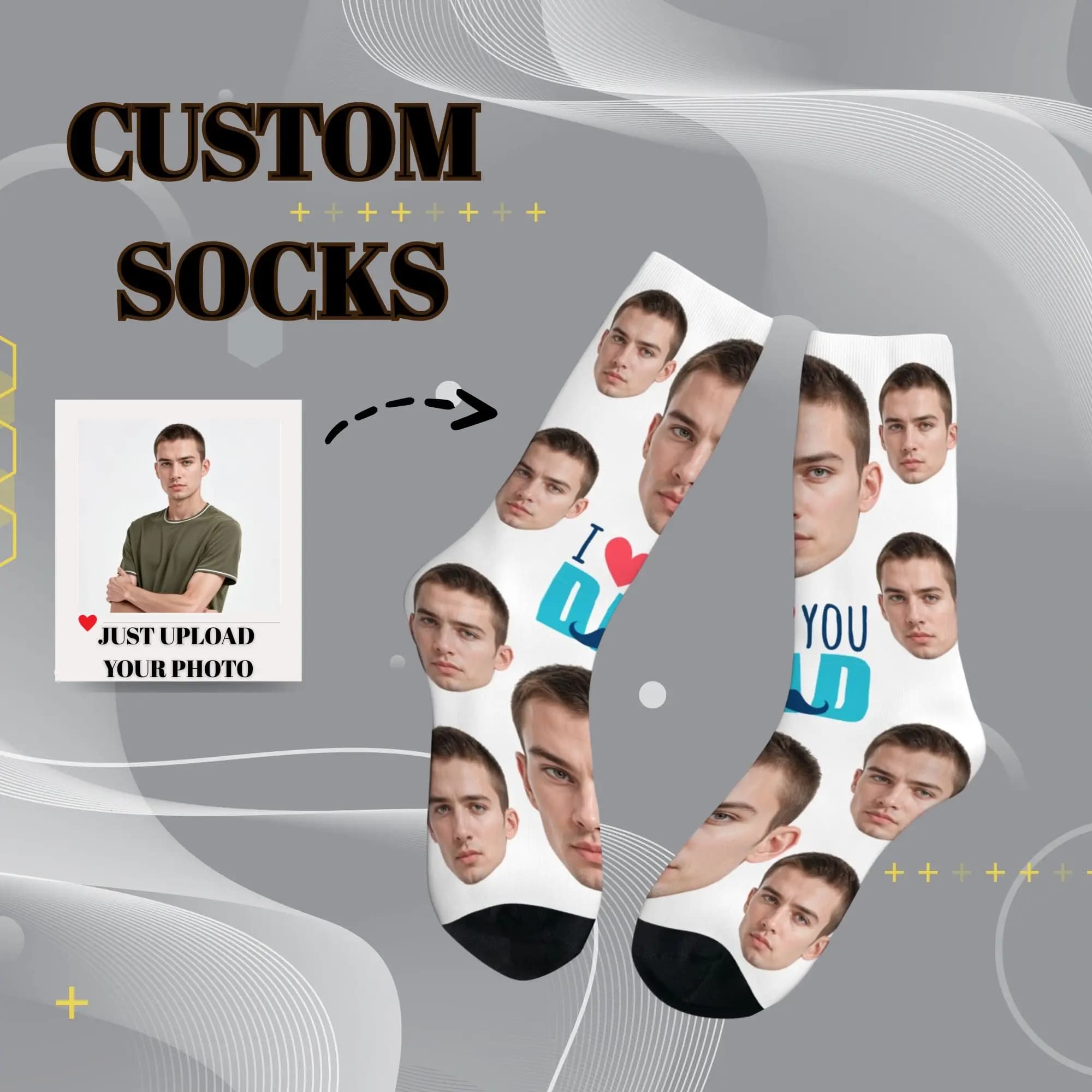 Father's Birthday Gift Socks Customizable with Personalized Face Photos "I Love Dad" Cartoon Mustache Print Breathable Socks